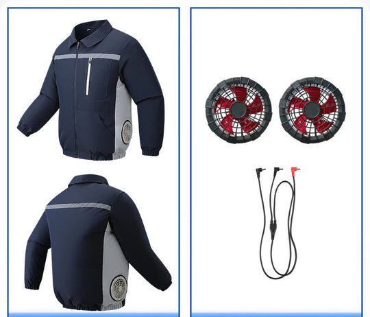 Unisex nan ventilated work cooling jacket with side vent inserts, removable battery compartment and reflective inserts R&B