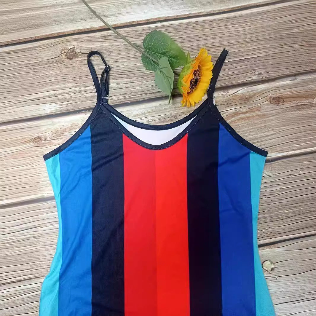 Damen Maxikleid mit tiefem V-Ausschnitt und stilvollem Streifenmuster R&B