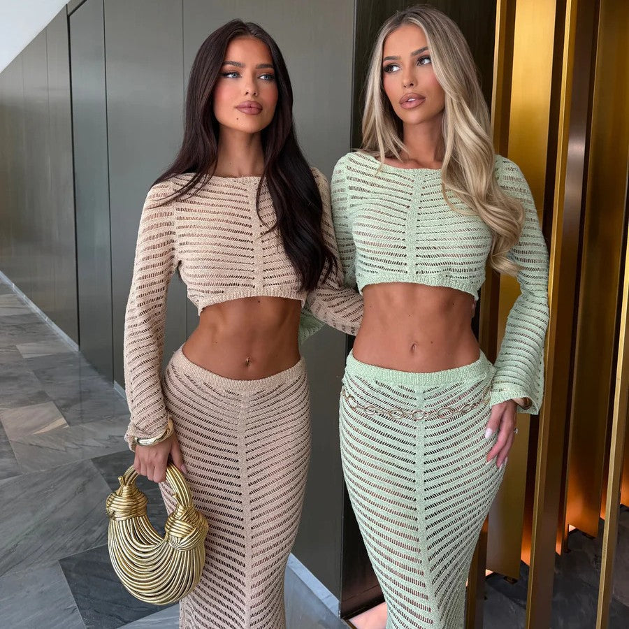 Damen elegantes gehäkeltes Set mit langärmligem Crop-Top und figurbetonendem Rock R&B