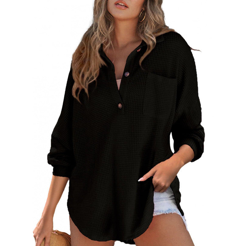 Damen lässiges Waffle-Shirt mit Stehkragen und Knopfleiste R&B