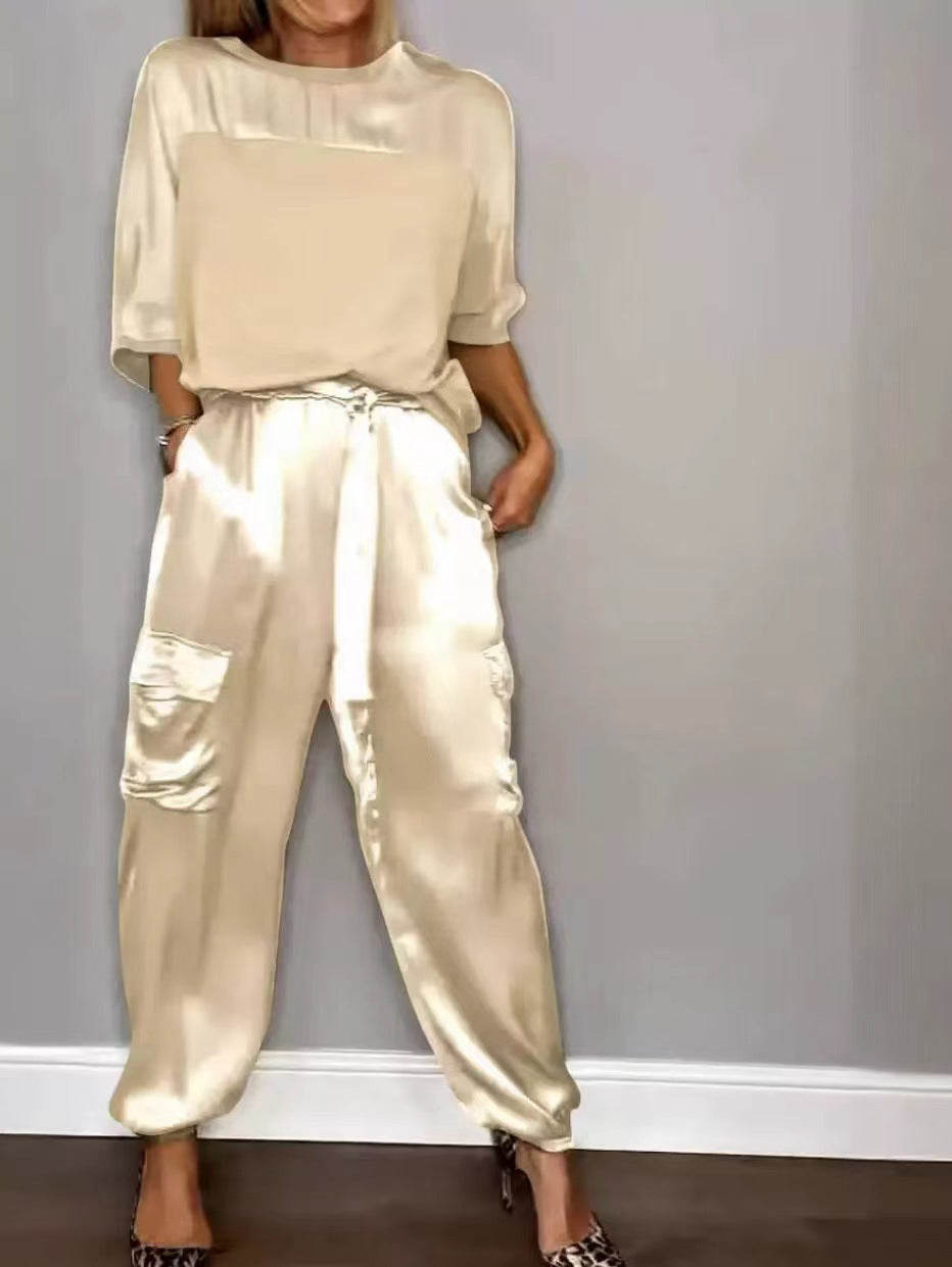 R&B | Solide Farbe glatt Satin Top zweiteilige Set für Frauen