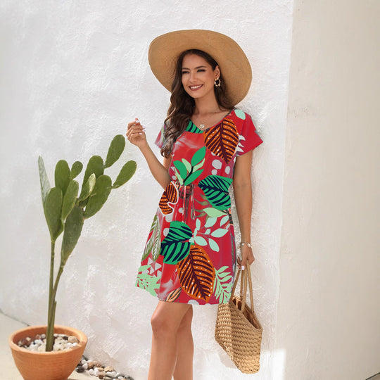 Damen Sommerliches Freizeitkleid mit floralem Muster und Taillengürtel R&B