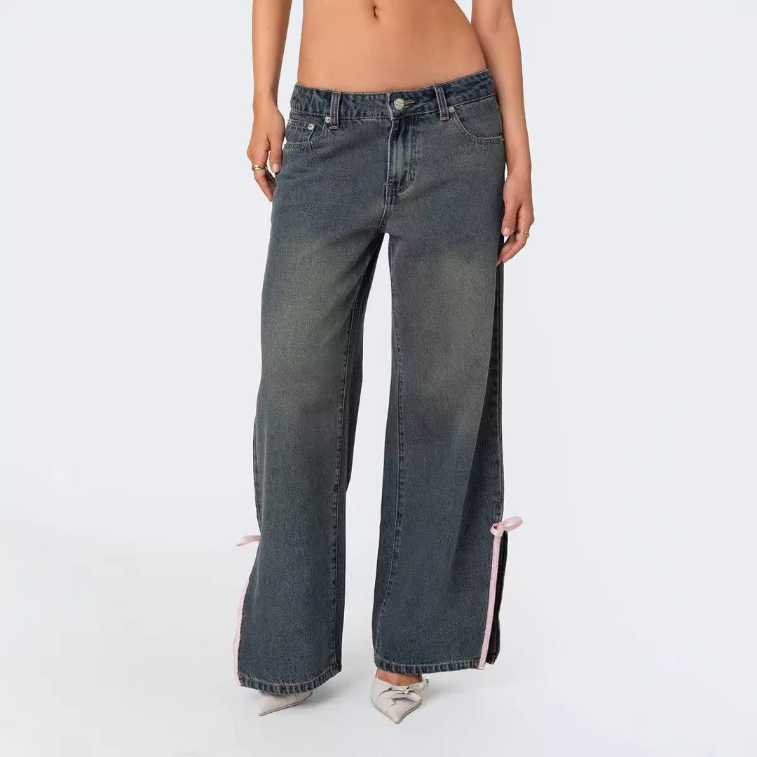 Damen Hohe Taillen Denim-Hose mit modischen Schleifendetails R&B