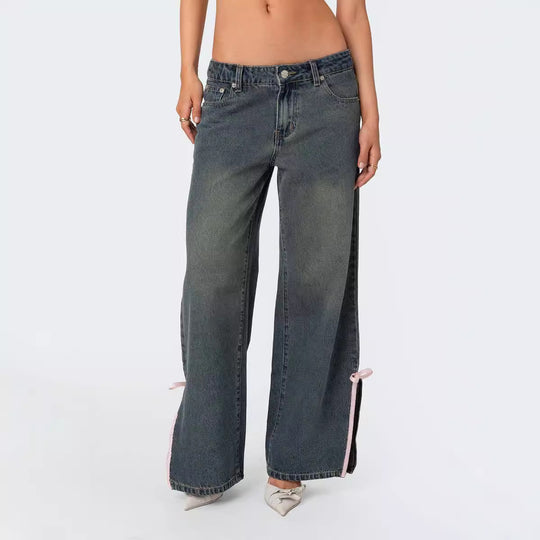 Damen Hohe Taillen Denim-Hose mit modischen Schleifendetails R&B