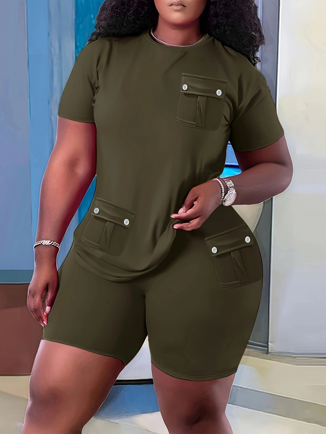 Damen Sportliches Kurzarm-Set mit praktischen Taschen R&B