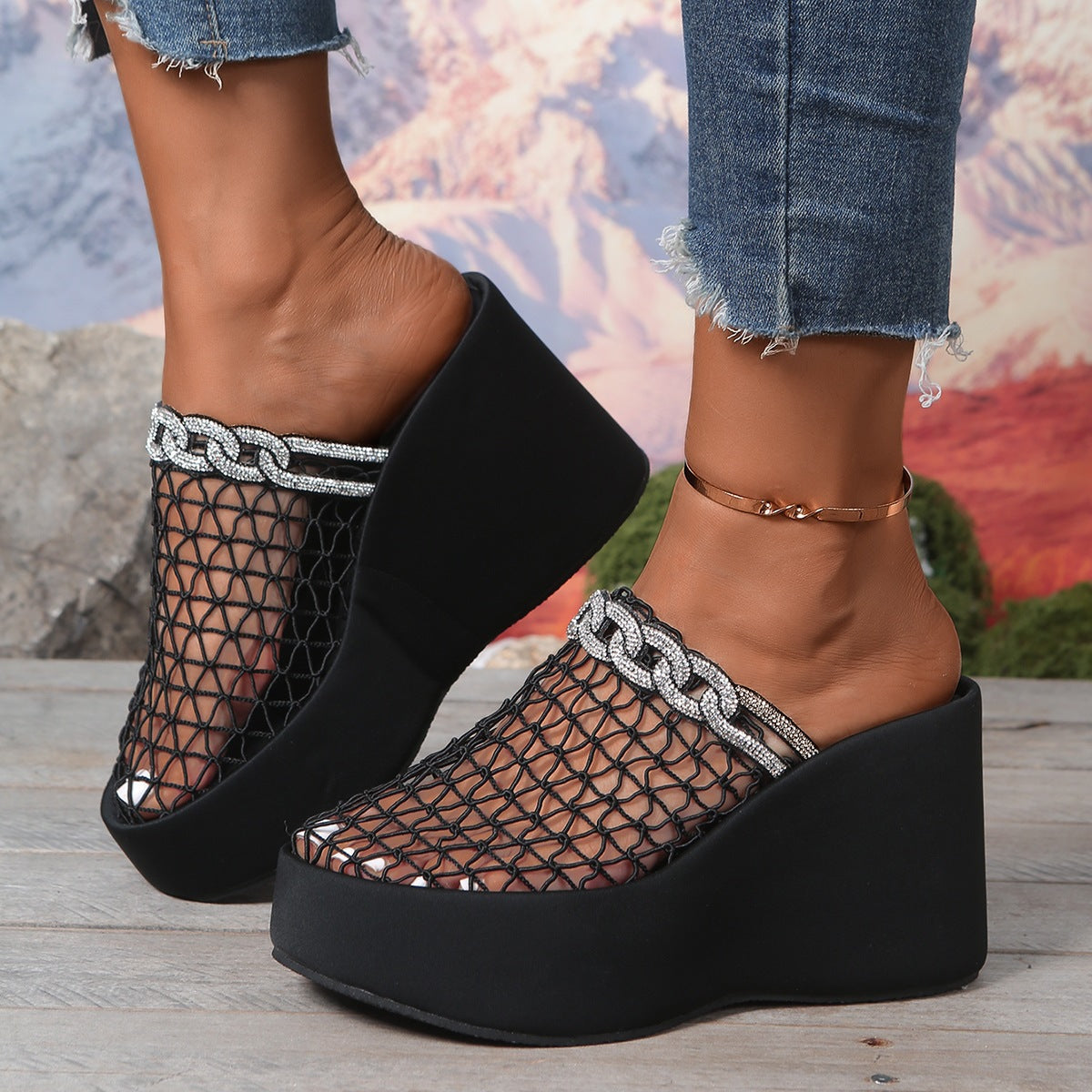 Damen Modische Plateau-Mules mit dekorativem Kettenbesatz R&B