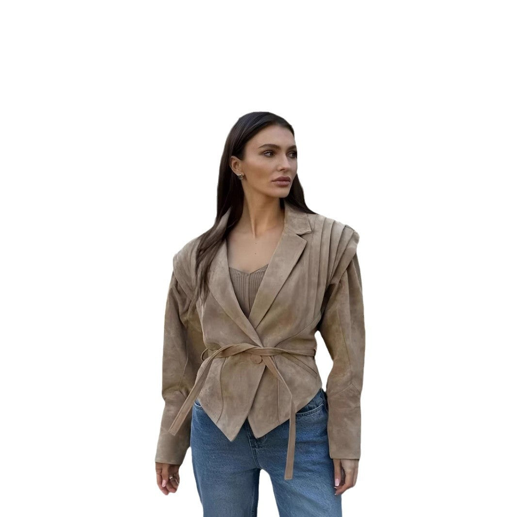 Damen schicke Wollblazerjacke mit Taillengürtel R&B