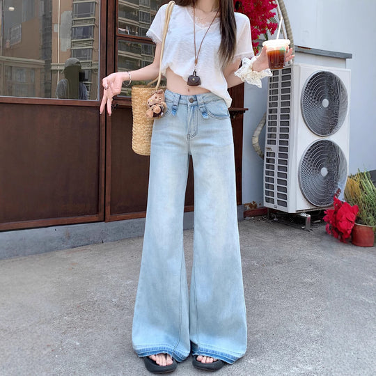 Damen weite Bootcut-Jeans mit hohem Bund und ausgefallenem Design R&B