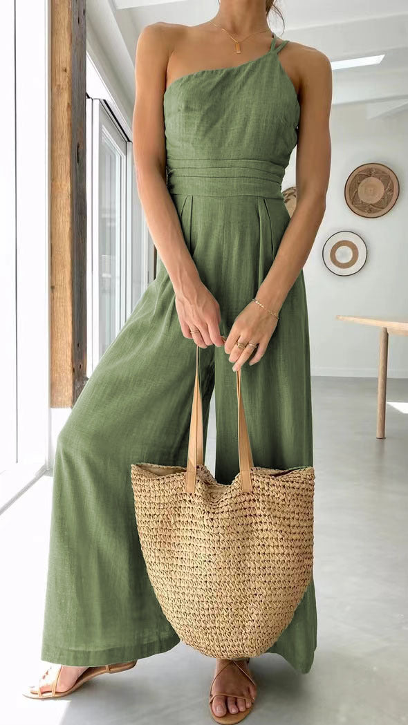 Damen Jumpsuit im modischen Wickeldesign mit weitem Bein und schulterfreiem Schnitt R&B