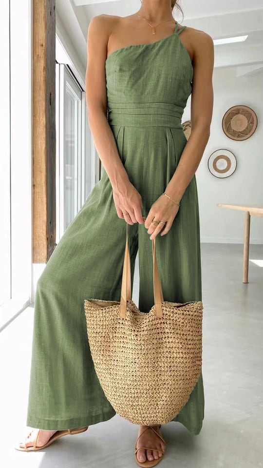 Damen Jumpsuit im modischen Wickeldesign mit weitem Bein und schulterfreiem Schnitt R&B
