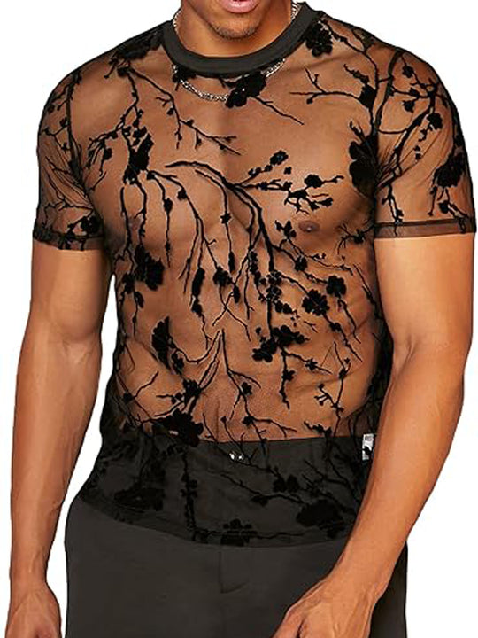 Herren Netz-T-Shirt mit floralem Design und elastischen Abschlüssen R&B