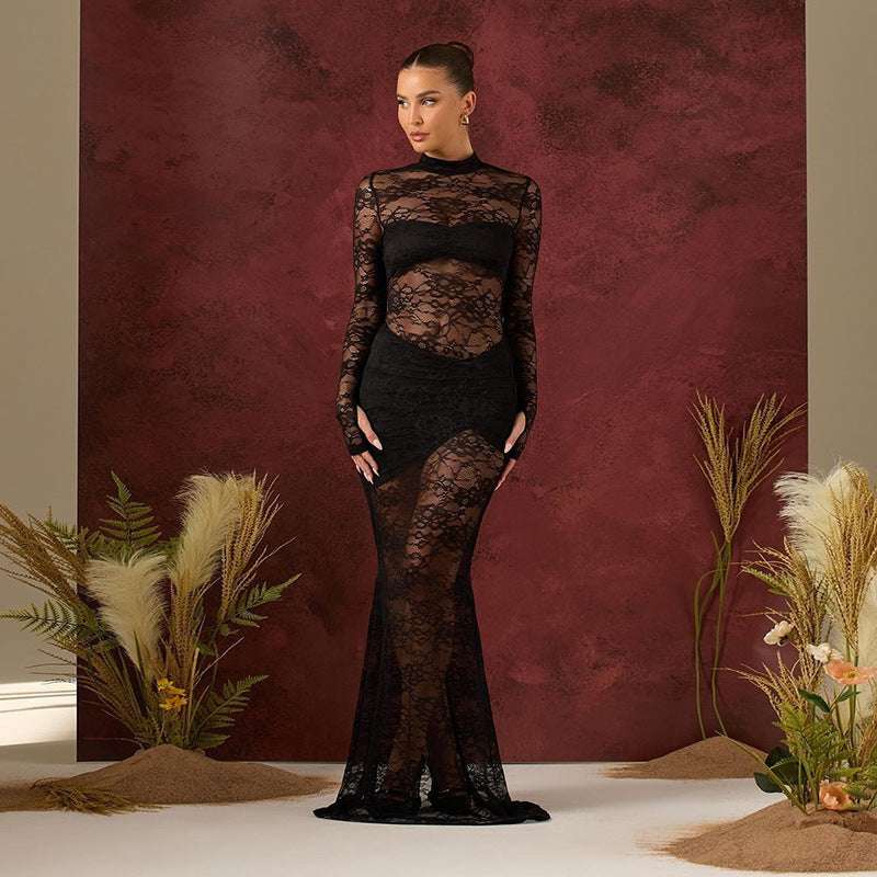 Damen Elegantes Spitzenkleid mit hohem Kragen und langem Ärmel R&B