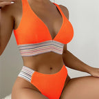 Damen Bikini mit hohem Beinausschnitt und elastischem Streifenmuster R&B