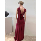 Damen schulterfreies Wickelmaxikleid mit drapiertem Oberteil und seitlichem Bindegürtel R&B