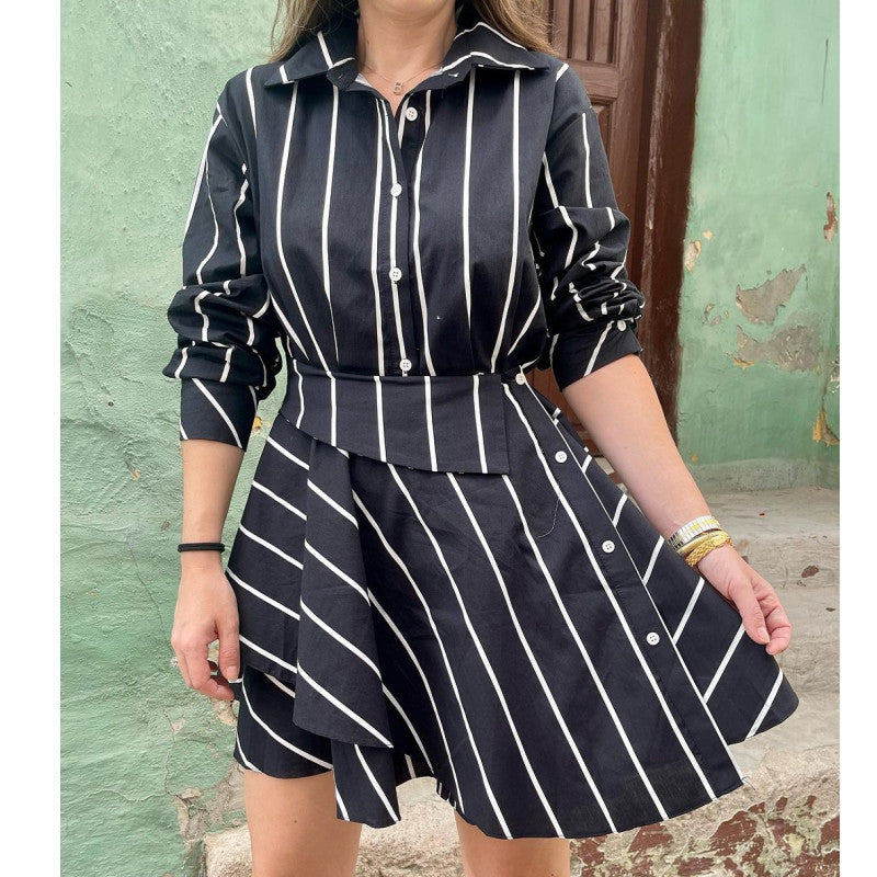 Damen Casual Hemdkleid mit asymmetrischem Rock und Streifen R&B