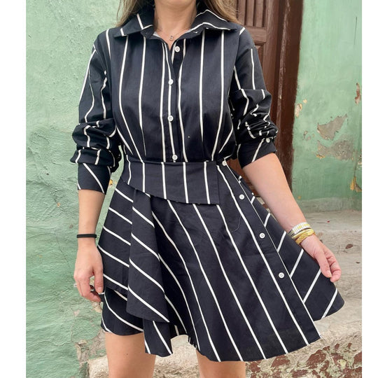 Damen Casual Hemdkleid mit asymmetrischem Rock und Streifen R&B