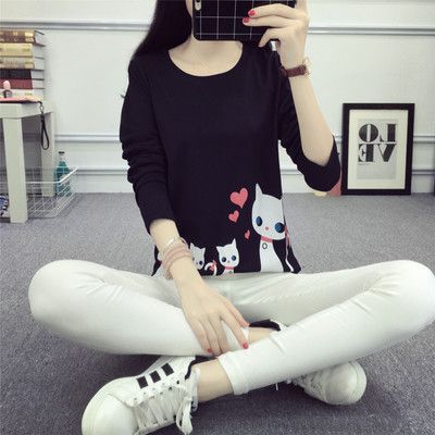 Damen Langarm-T-Shirt mit kreativem Katzenmotiv R&B