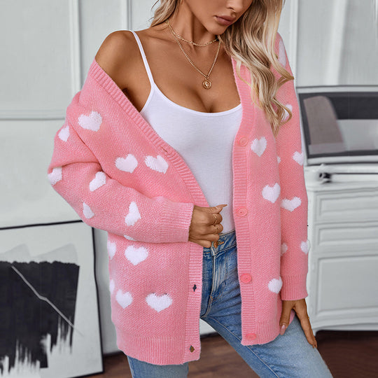 Damen gemütliche Strickjacke mit Herzmuster und V-Ausschnitt R&B