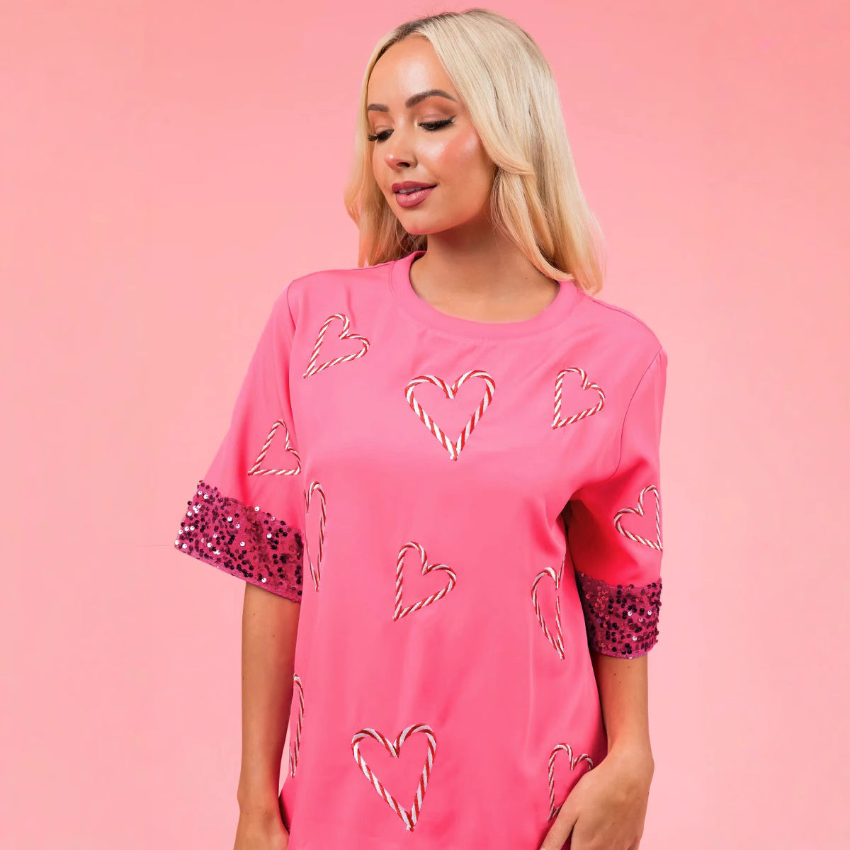 Damen Tunika Kleid mit Paillettenbesatz und Herzmuster R&B