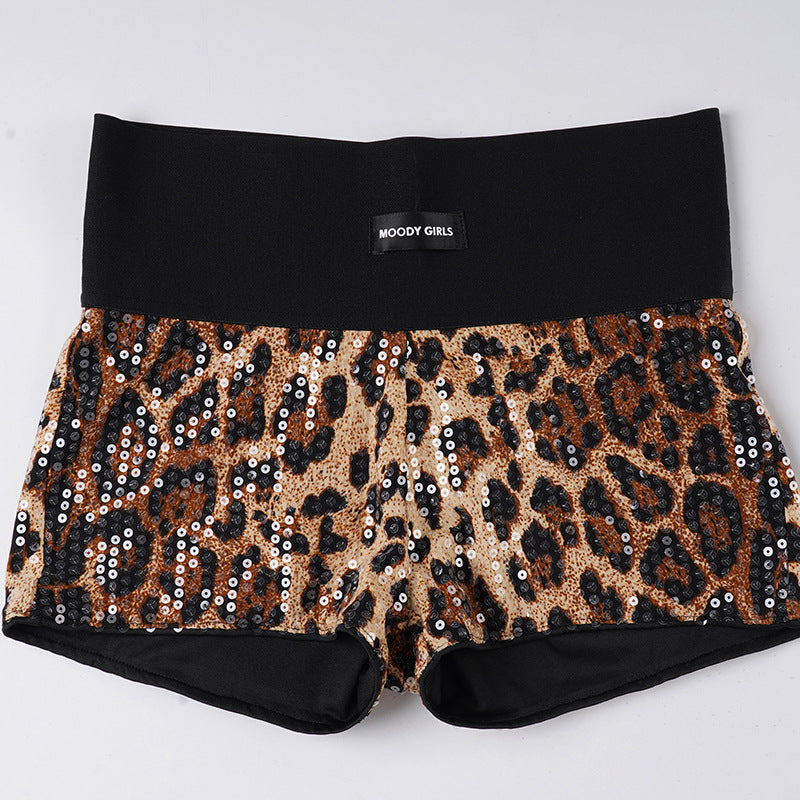 Damen Pailletten-Minikleid mit Leopardenmuster und verstellbaren Spaghettiträgern R&B