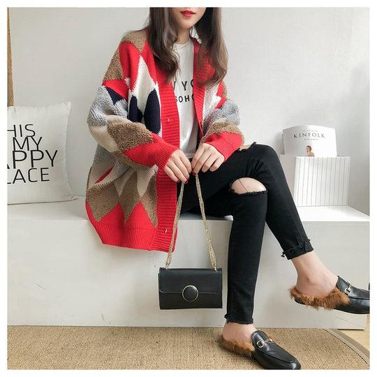Damen Grobstrick Cardigan mit geometrischem Muster und großen Taschen R&B