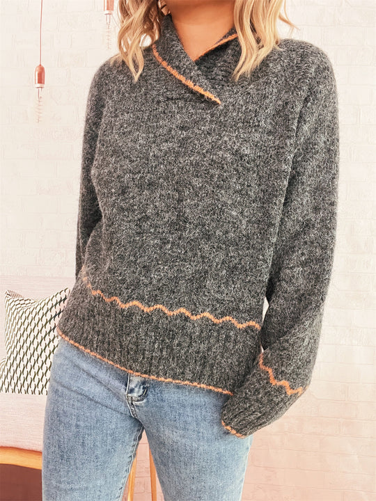 Damen lässiger Strickpullover mit modischem Kragen und fransigen Akzenten R&B
