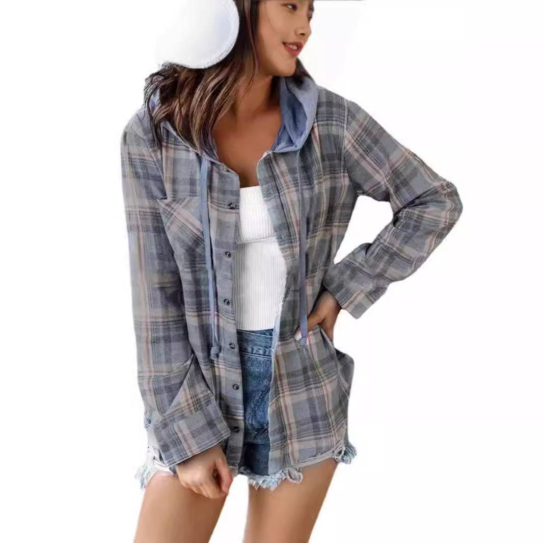Damen nostalgische Karobluse mit Kapuze und Knopfverschluss R&B