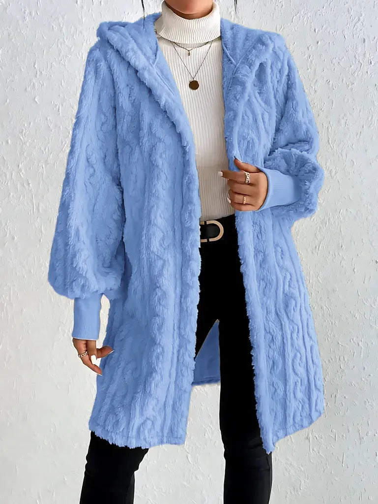Damen Flauschige Oversized-Strickjacke mit Kapuze und Eingrifftaschen R&B