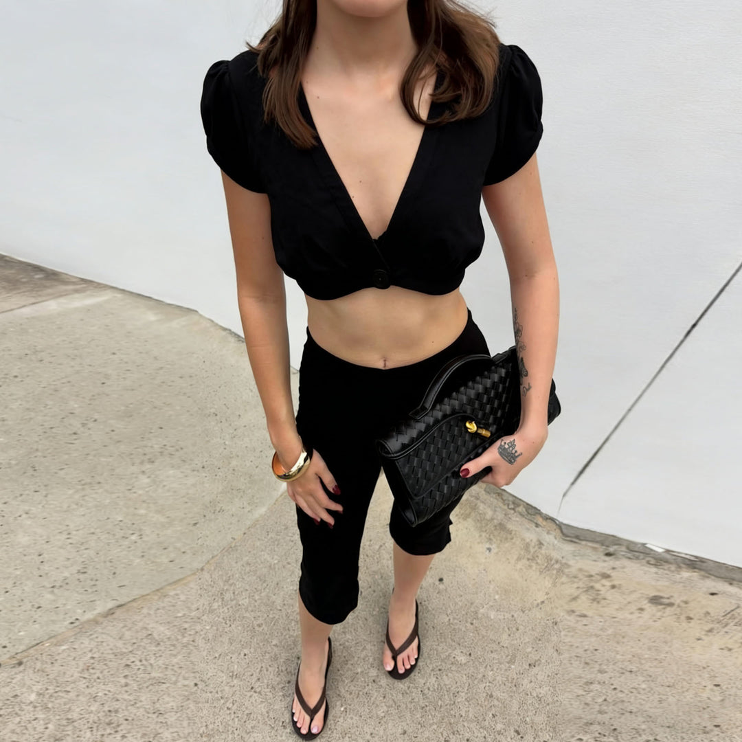 Damen Crop-Top mit tiefem V-Ausschnitt und Puffärmeln R&B