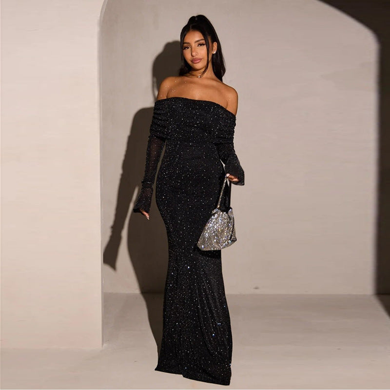 Damen Elegantes schulterfreies Maxikleid mit glitzernden Akzenten R&B