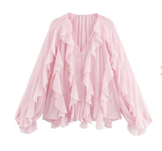 Damen Rüschenbluse mit weitem Schnitt und ballonartigen Ärmeln R&B
