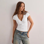 Damen figurbetontes T-Shirt mit elegantem V-Ausschnitt R&B