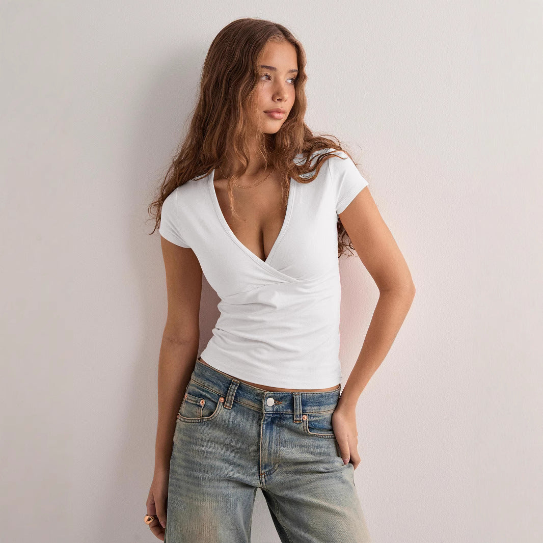 Damen figurbetontes T-Shirt mit elegantem V-Ausschnitt R&B