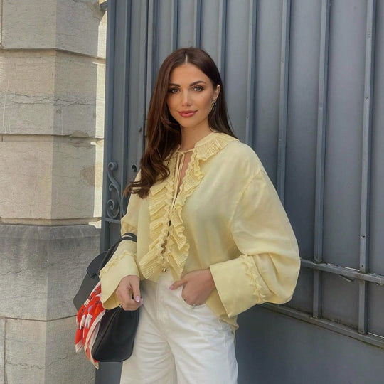 Damen elegantes Blusenshirt mit rüschenverzierten Details und schickem Ausschnitt R&B
