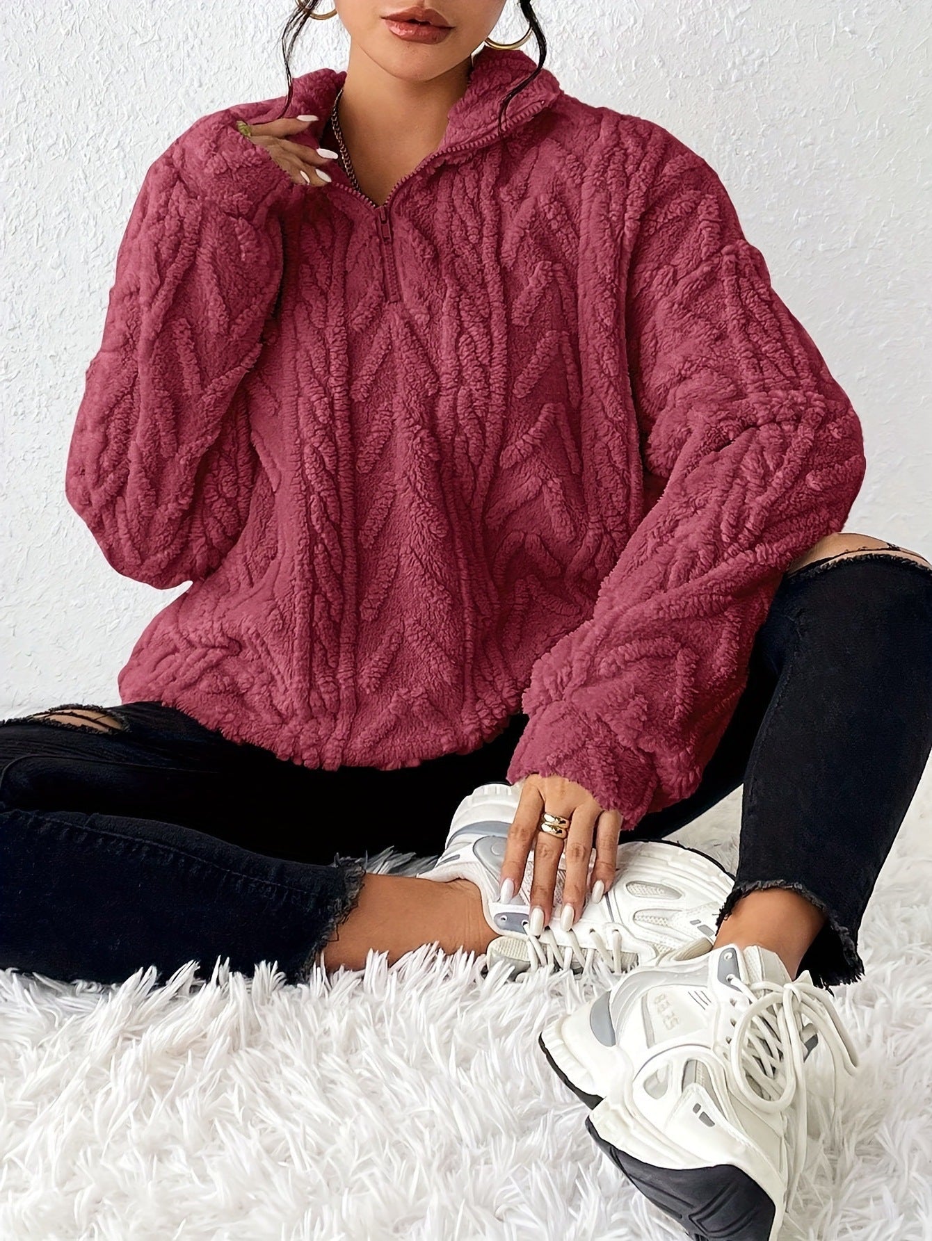Damen Fleece Pullover mit hohem Kragen und strukturiertem Design R&B