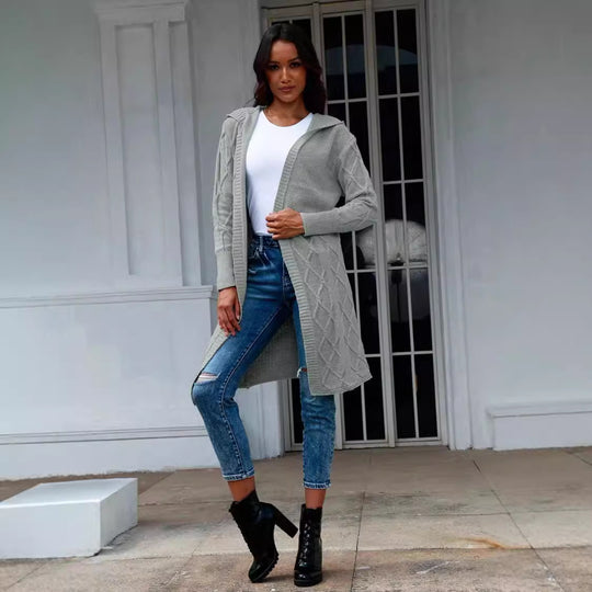 Damen Grobstrick-Kimono-Cardigan mit elegantem Zopfmuster und offenen Ärmeln R&B