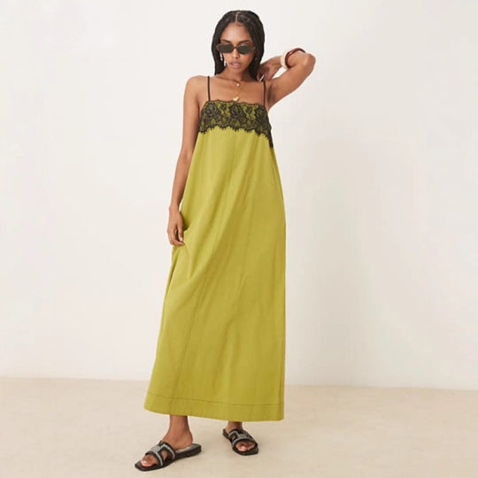 Damen nan nachtwäscheinspiriertes Maxikleid mit Spitzenbustier und schmalen Spaghettiträgern R&B