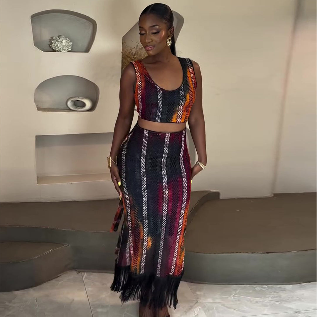 Damen Zweiteiliges Festliches Outfit mit Fransendetails R&B