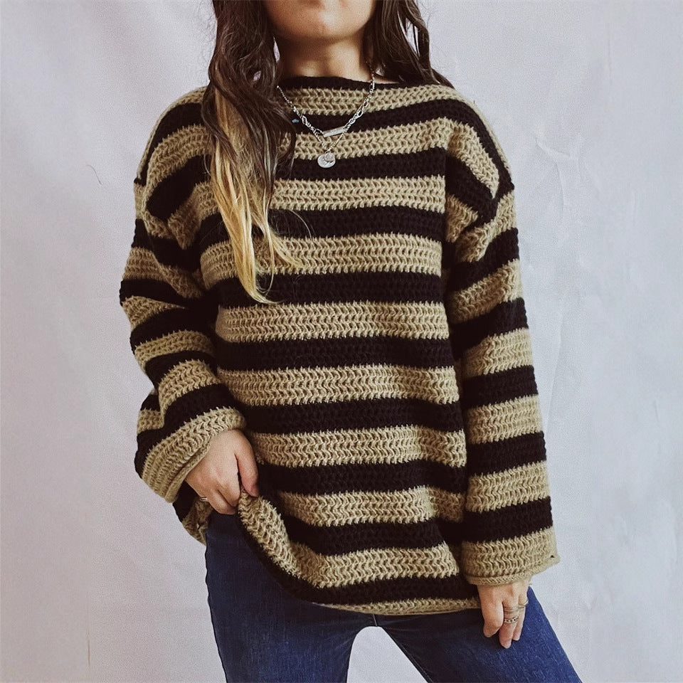 Damen lässiger Strickpullover mit kontrastierenden Streifen und weitem Schnitt R&B