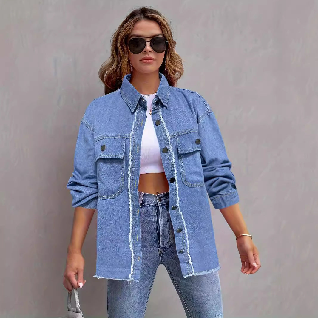 Damen Jeansjacke mit lässigem Schnitt und großen Taschen R&B