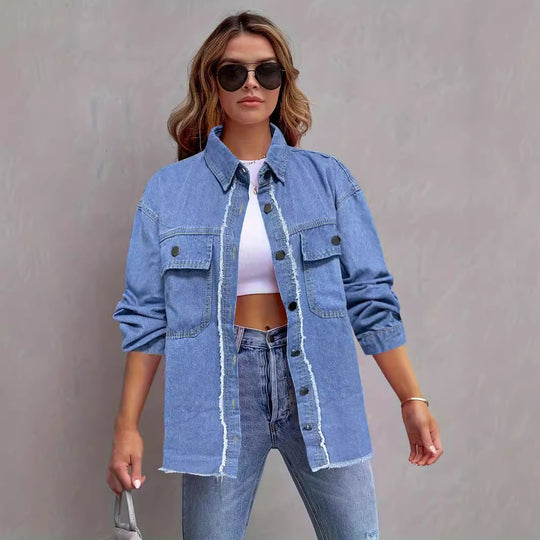 Damen Jeansjacke mit lässigem Schnitt und großen Taschen R&B