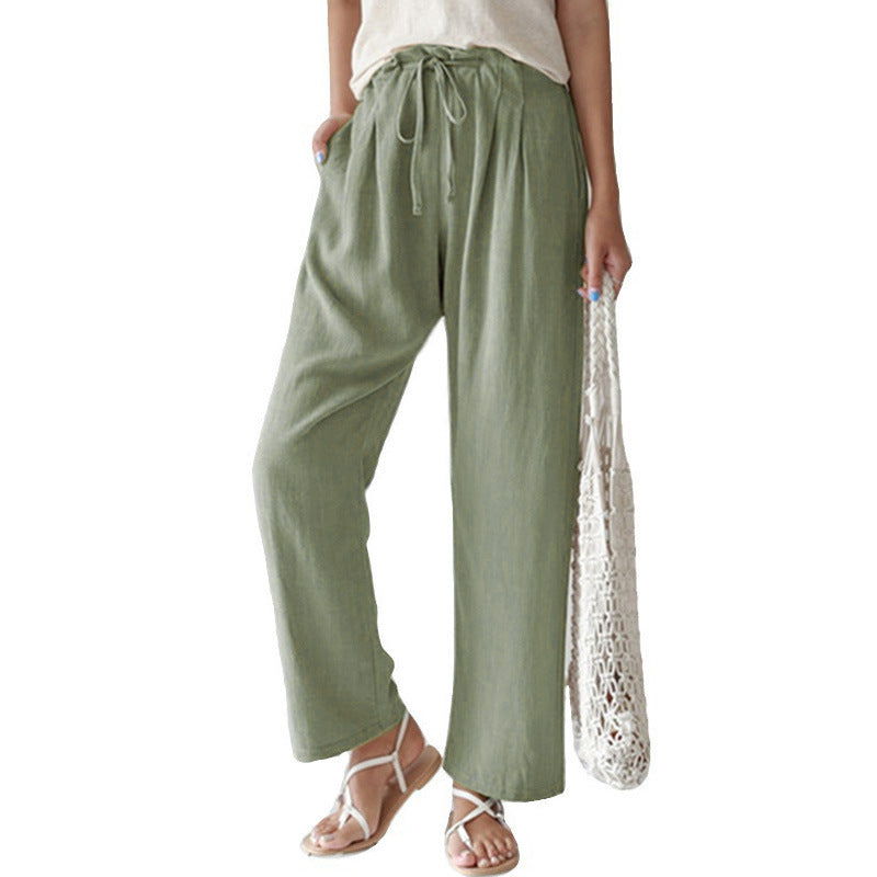 Damen nan lässige Leinenhose mit weitem Bein, elastischem Bund und Seitentaschen R&B