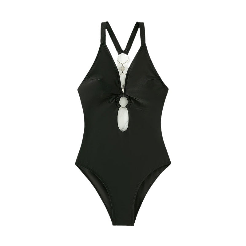 Damen Einteiler Badeanzug mit aufregendem V-Ausschnitt und modischem Cut-Out R&B