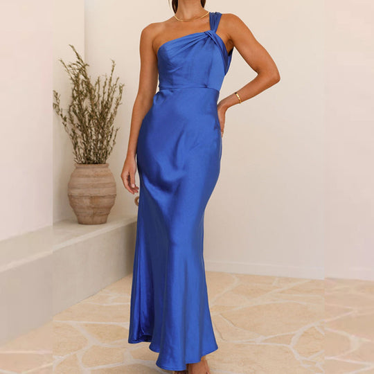 Damen Maxikleid mit asymmetrischem Träger und elegantem Satin-Finish R&B