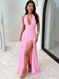 Damen elegantes Maxikleid mit tiefem V-Ausschnitt und seitlichem Schlitz R&B