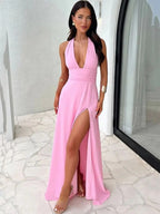 Damen elegantes Maxikleid mit tiefem V-Ausschnitt und seitlichem Schlitz R&B
