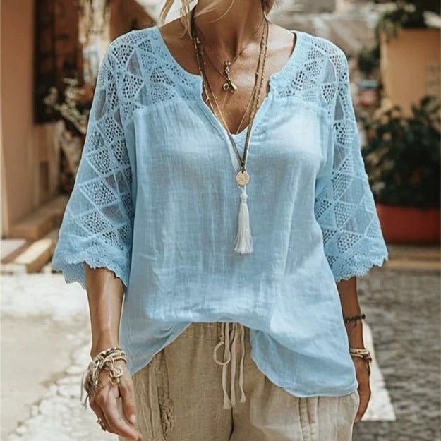 Damen nan locker geschnittene Tunika mit V-Ausschnitt, gehäkelter Schulterpasse und ellenbogenlangen Spitzenärmeln R&B