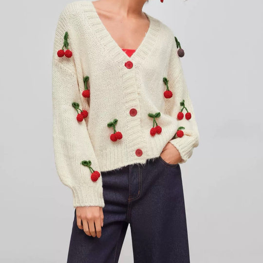 Damen verspielter Strickcardigan mit Kirschapplikationen R&B