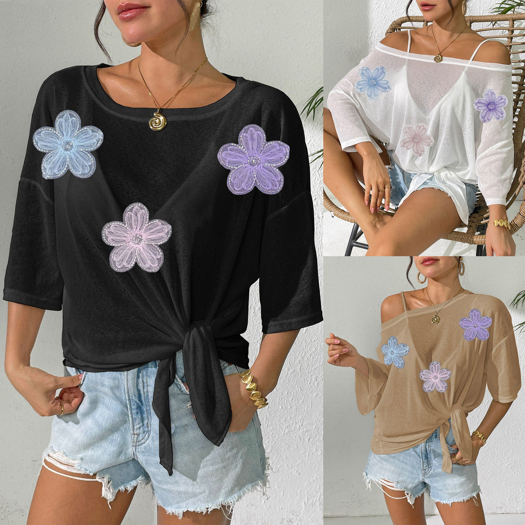 Damen lässiges Oberteil mit floralem Design und seitlichem Knoten R&B