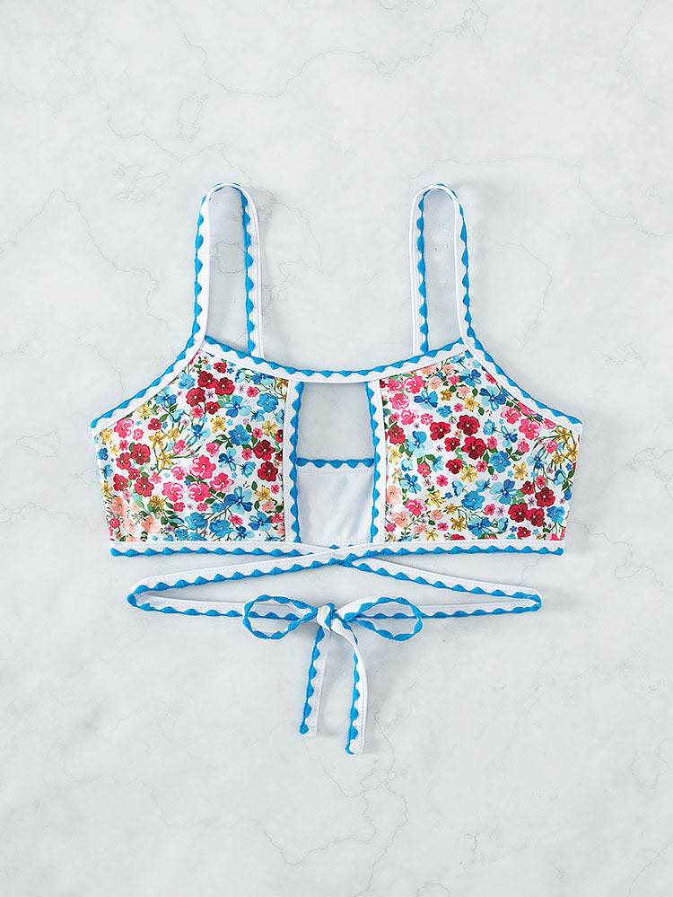 Damen Crop-Top Bikinioberteil mit floralem Design und verspielten BindR&Bändern R&B